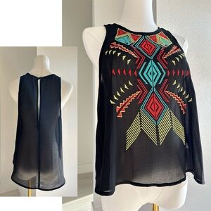 LUSH Black Southwestern Embroidered Artistic Layering Tank Top Womens Small